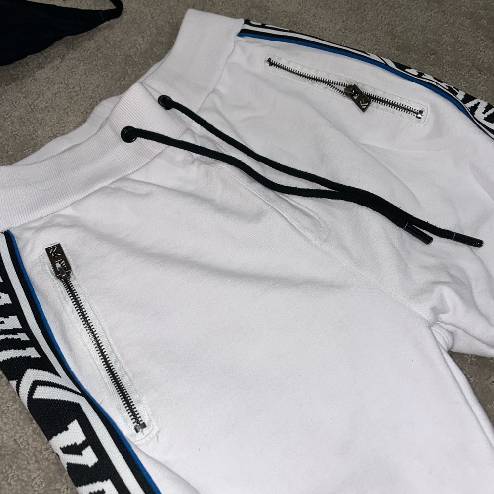 Karl Kani White Joggers with Black and Blue Accents